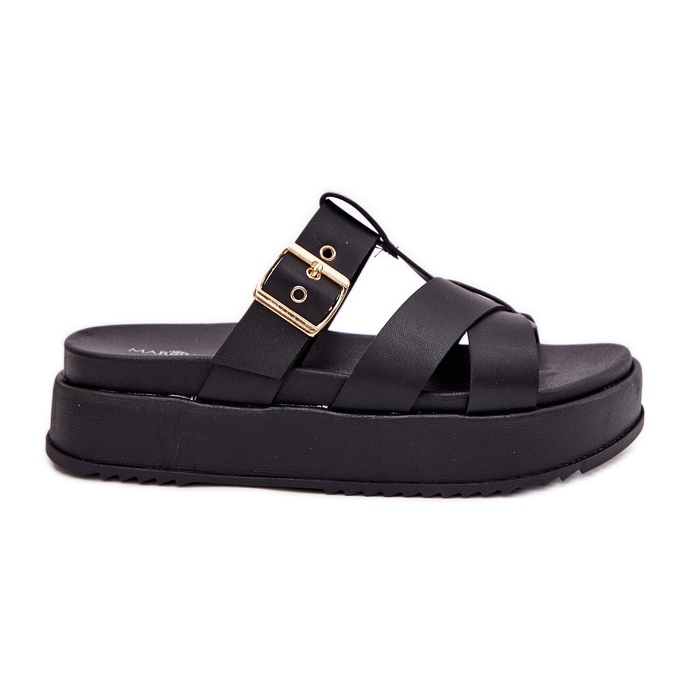 Kvinnors flip flops på plattformen med ränder och klämma svart