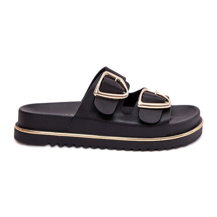 Kvinnors flip flops på plattformen med gyllene klämmor svart