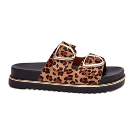 Kvinnors tofflor med leopardtryck på plattformen med Golden Clamps Brown brun