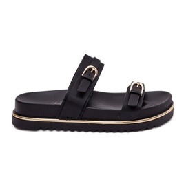 Släta kvinnors tofflor på plattformen med ränder och klämmor svarta