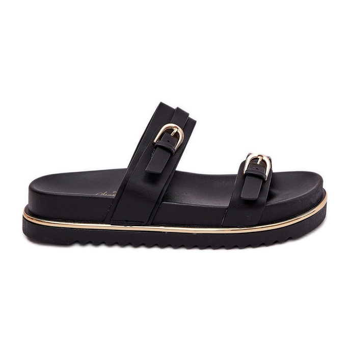 Släta kvinnors tofflor på plattformen med ränder och klämmor svarta