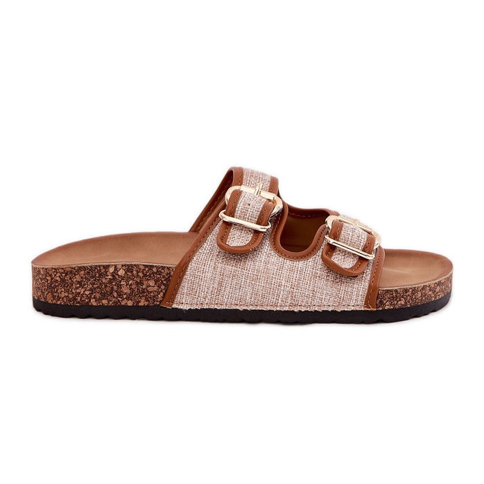 Kvinnors materialflip flops på en korkplattform med kamelspännen brun