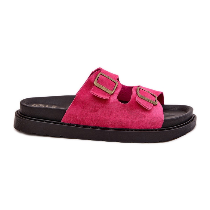 Kvinnors flip flops på plattformen med spännen fuchsia rosa