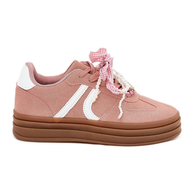 Kvinnors sneakers på plattformen med rosa dekorationer