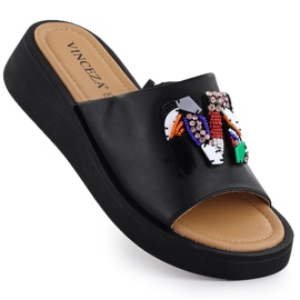 Kvinnors läderflip flops med svart Vinceza 66623 pärlor