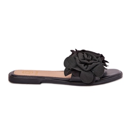 Flat -hanterade kvinnors flip flops med dekorativa blommor svarta blommor