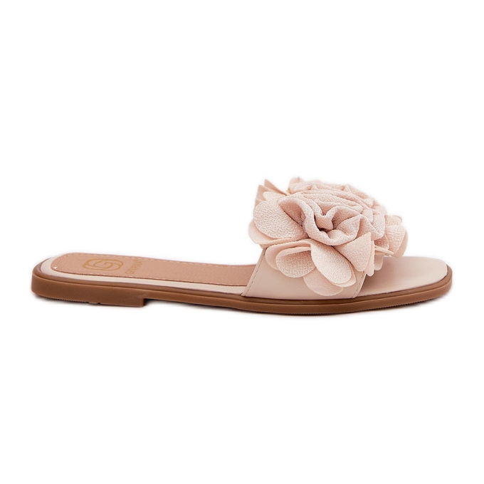 Flat -hanterade kvinnors flip flops med dekorativa blommor beige