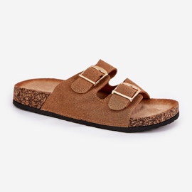 Kvinnors flip flops på en korkplattform med Camel Golden Buckles brun