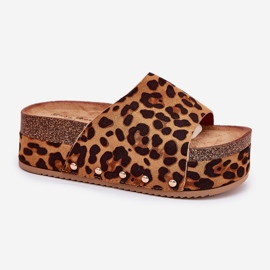 Kvinnors flip flops på en massiv plattform Eco Suede Leopard Print Brown brun