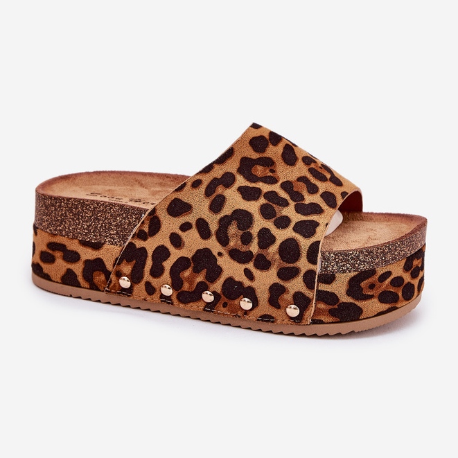 Kvinnors flip flops på en massiv plattform Eco Suede Leopard Print Brown brun