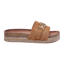 Kvinnors flip flops med en gyllene detalj på Camel Glitter -plattformen brun