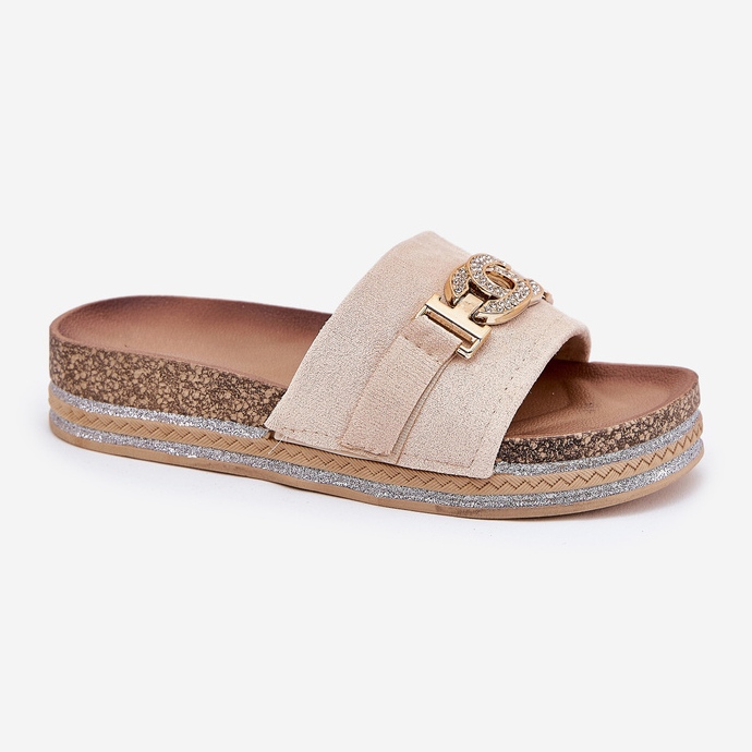 Kvinnors flip flops med en gyllene detalj på plattformen med glitter beige