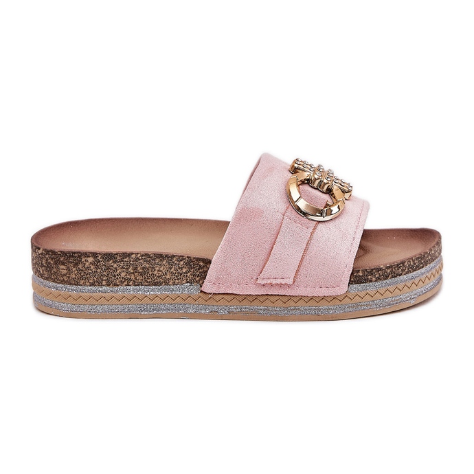 Kvinnors flip flops på plattformen med glitter och gyllene dekoration rosa