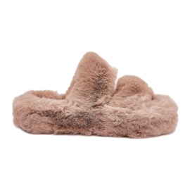 Kvinnors päls tofflor på Khaki -plattformen beige