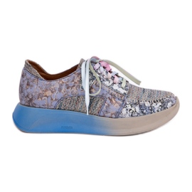 Kvinnors läderskor på Maciejka-plattformen 06776a-06 Blue blå