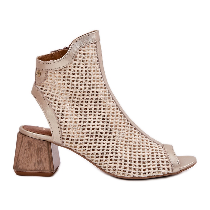 Kvinnors läderhöga klackar med en öppen maciejka häl 06899-25 Golden-Beige