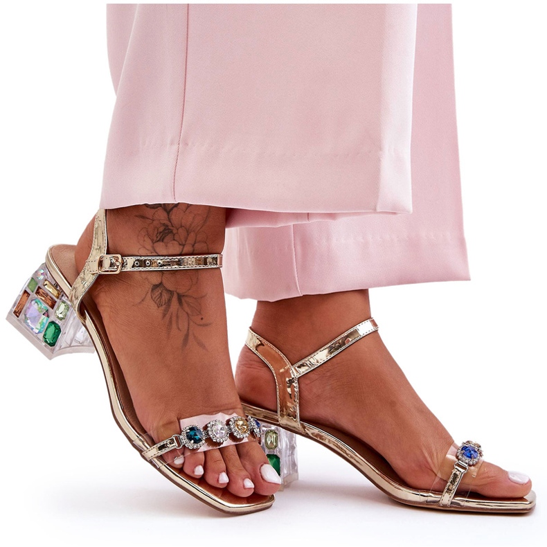 Damsandaler på höga klackar med kristaller Golden S.Barski MR1037-01 gyllene