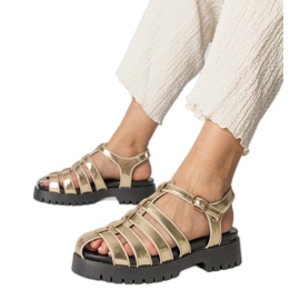 Guldsandaler på plattformen med en fingerlinje byggd gyllene