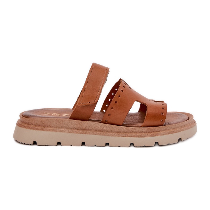 Kvinnors naturläder flip flops på Zazoo 40440 -plattformen Brown brun