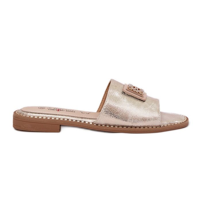 S.Barski Kvinnors plattklackade flip-flops med en prydnad S. Barski KV51-089 guld gyllene