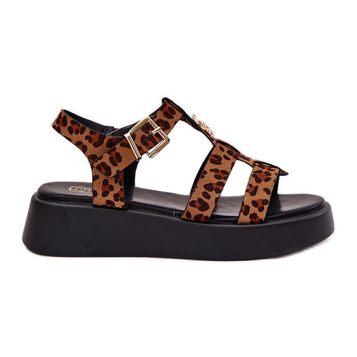 Kvinnors sandaler på plattformen med en gyllene detalj leopard brun
