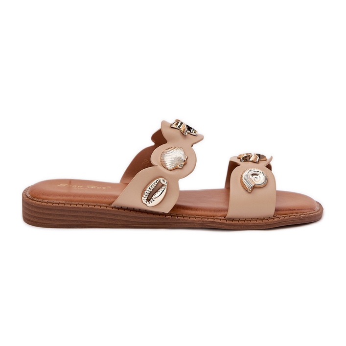 Kvinnors flip flops med gyllene stift beige