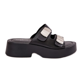 Kvinnors flip flops med Eco Black Leather Stripes svart