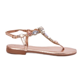 Flat -hanterade kvinnosandaler med kristaller rosa guld gyllene