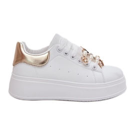 Kvinnors sneakers på plattformen med stift, vitt och guld