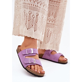Kvinnors flip flops på korkplattformen lila spännen purpur