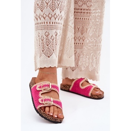 Virka kvinnors flip flops med gyllene spännen fuchsia rosa