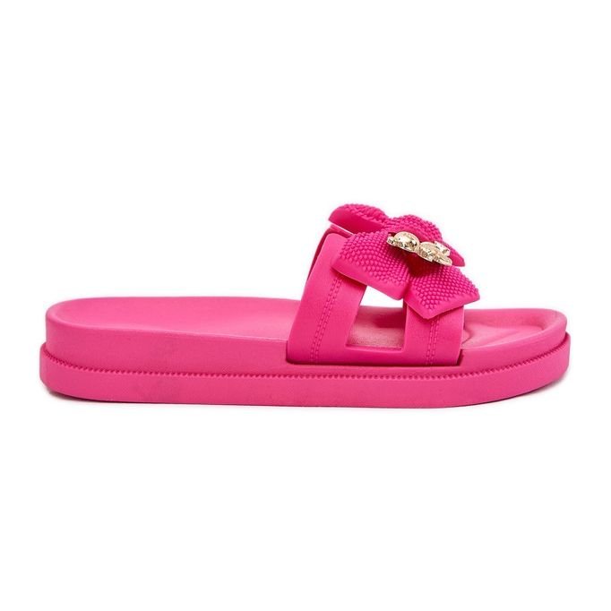 Kvinnors flip flops med en båge och en gyllene brosch fuchsia rosa