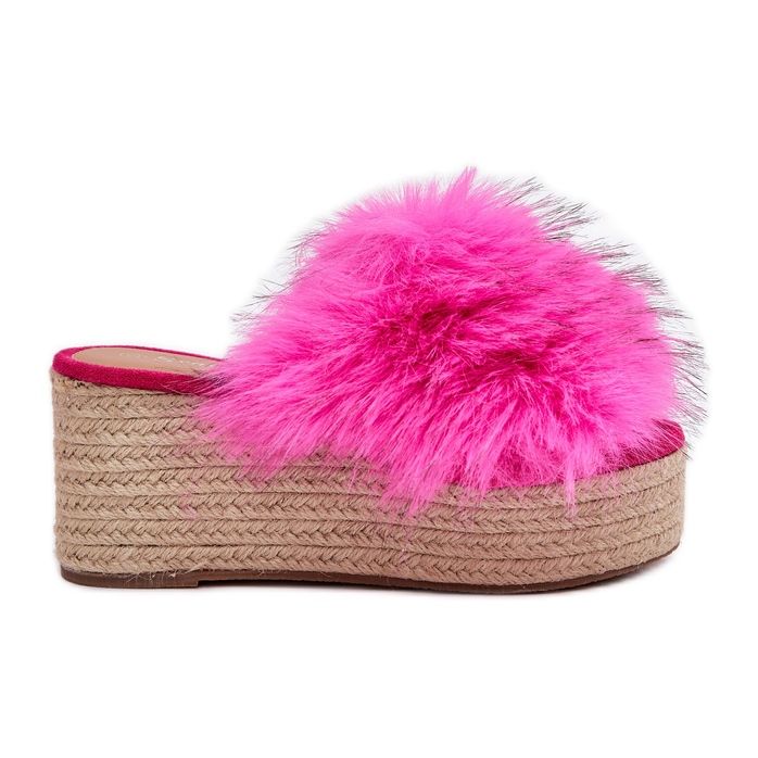Kvinnokilar med kil med päls och flät fuchsia rosa
