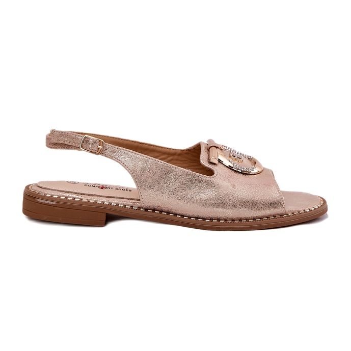 Eleganta kvinnorsandaler med plattklackad dekoration S.Barski KV51-003 rosa guld gyllene