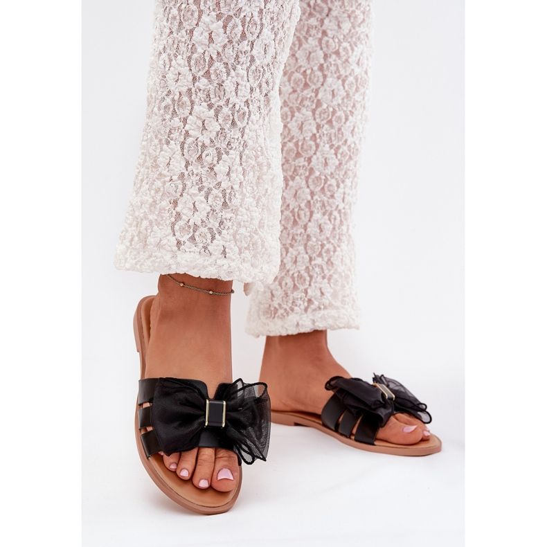 Boto Flat -hane kvinnors flip flops med en tyllbåge svart tanira