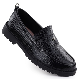 Kvinnors läderskor lackade loafers Kroko Black Filippo DP7409