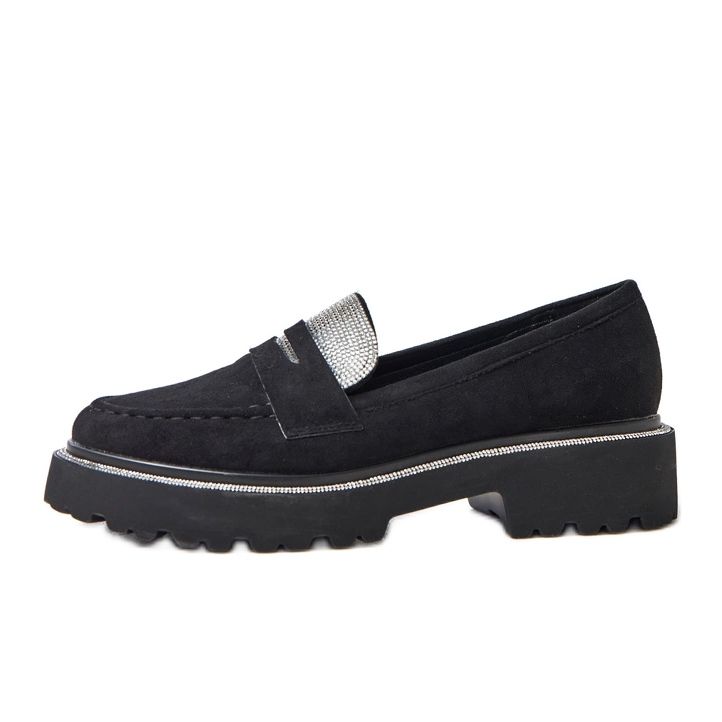 Svart Ekozamszu -mockasiner dekorerade med kubiska zirkonia klooren