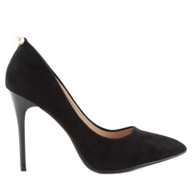 Klassiska svarta höga klackar med pärlor Aj-531