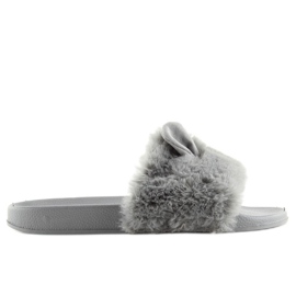 Grå LS-02 grå pälstofflor med öron