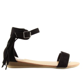 Svarta damsandaler med svarta fransar