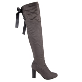 Forever Folie Eleganta högklackade lårhöga stövlar grå