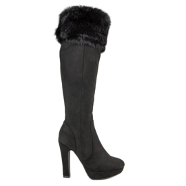 Super Me Lårstövlar i mocka med päls svart