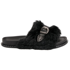 Trendiga flip-flops med päls svart