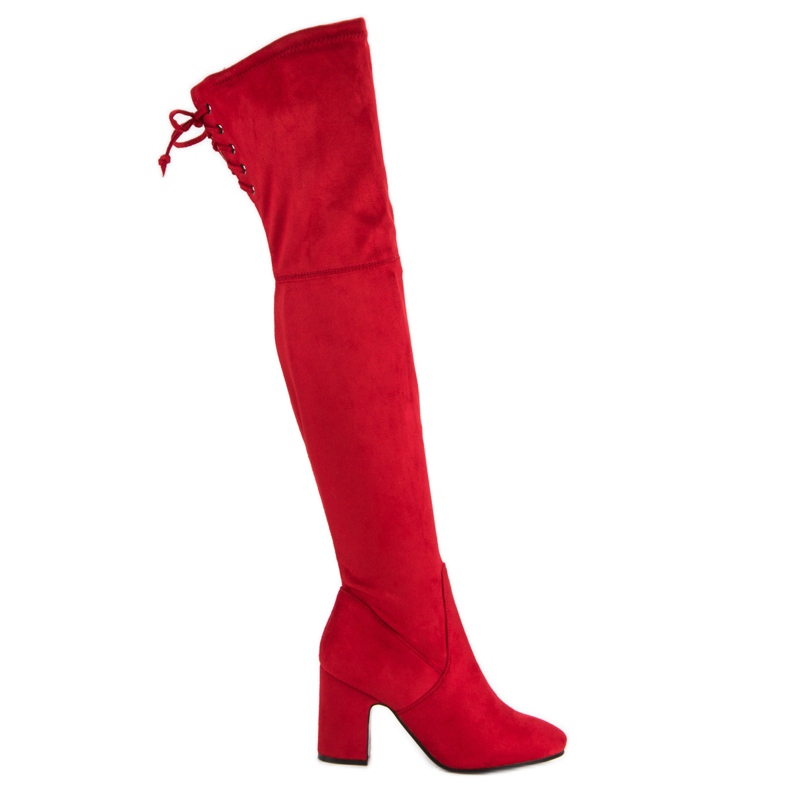 Super Me Röda lårhöga stövlar på ett inlägg