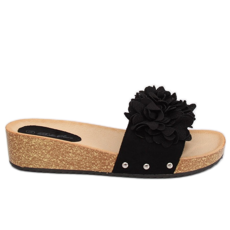 Svart S63 Svarta tofflor med blommor