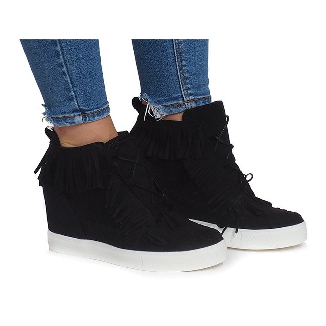Wedge Sneakers With Fringes Boho AT-0613-1 Svart