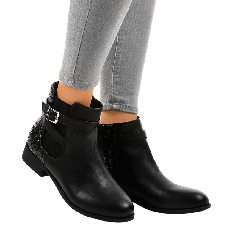 Svarta platta stövlar med elastiskt band och paljetter C298-1