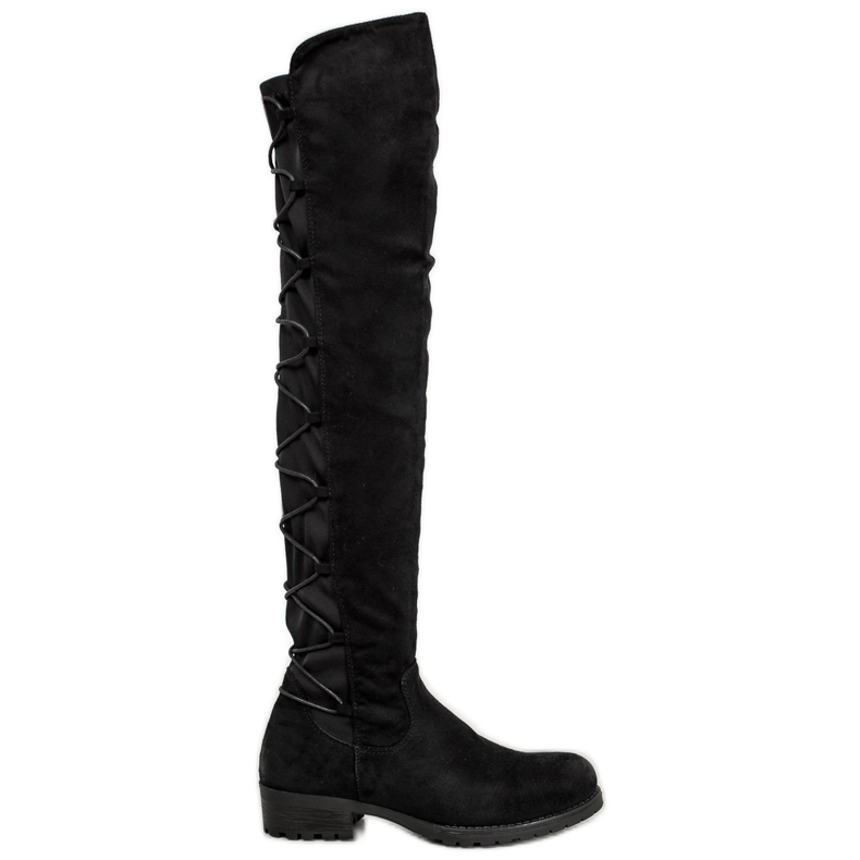 Forever Folie Lårhöga stövlar i mocka med bindning svart