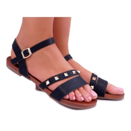 S.Barski Kvinnors sandaler Flat Gold Studs Black Raven svart