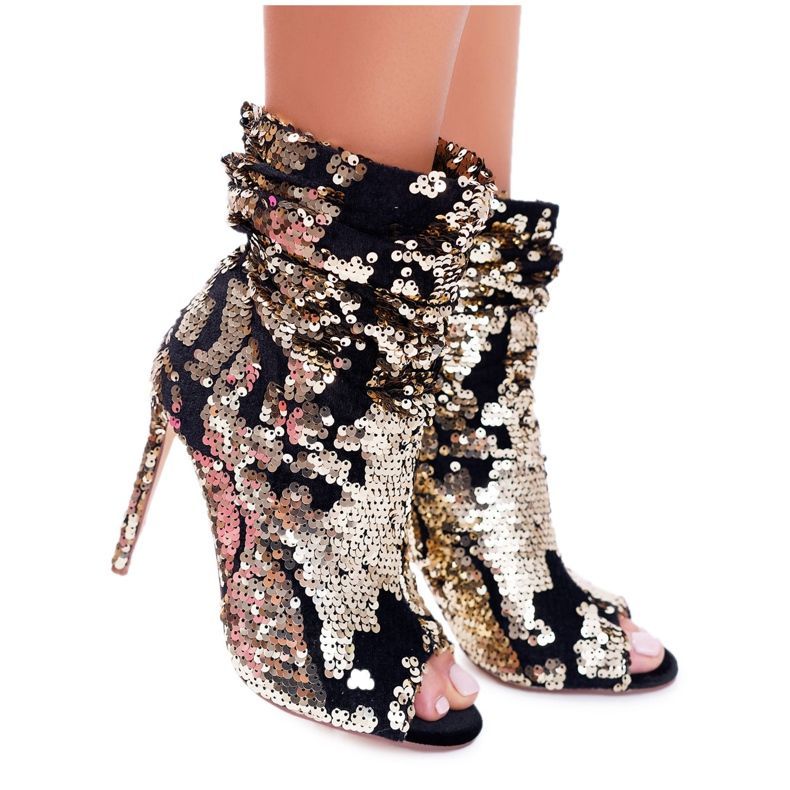 LU BOO Damskor på högklackade eleganta paljetter Golden Harley svart gul